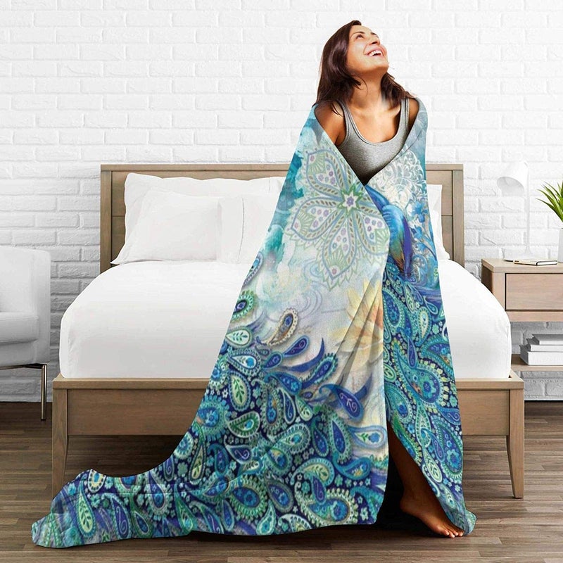 LuckyLou Peacock & Vintage Botanical Flannel Fleece Throw - Ultra Soft, Cozy, Warm & Lightweight Microfleece Blanket (50" x 40") - Image 5